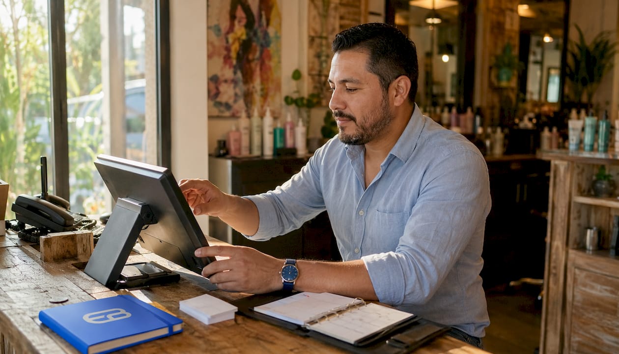 Salon receptionist using Vagaro booking platform