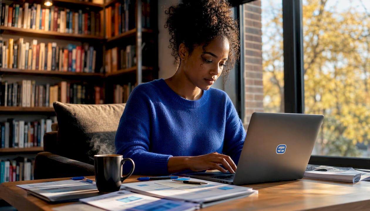 Woman crafting marketing messages at coworking desk