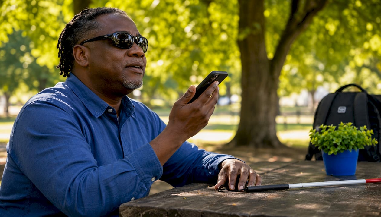 Visually impaired man using voice assistant