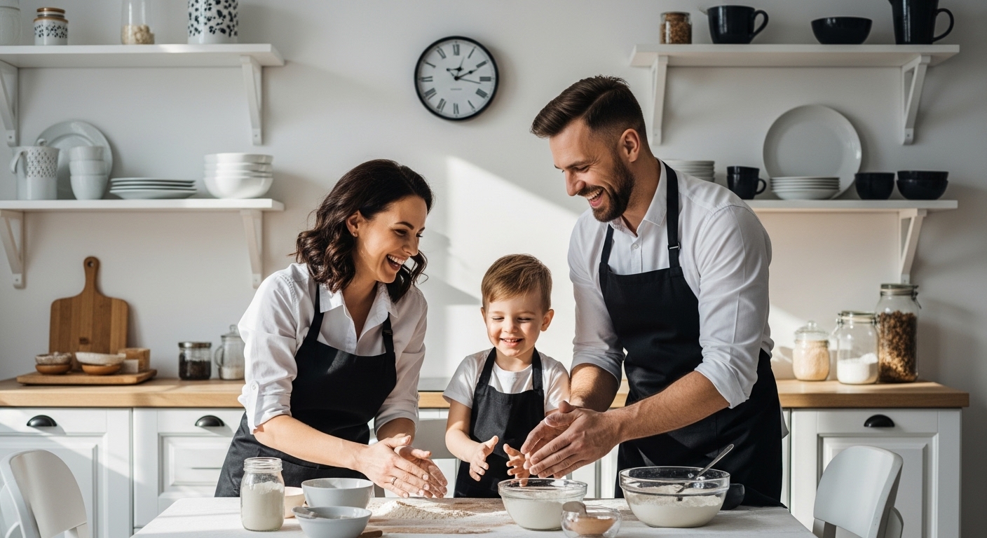 biała kuchnia pieczenie rodzina