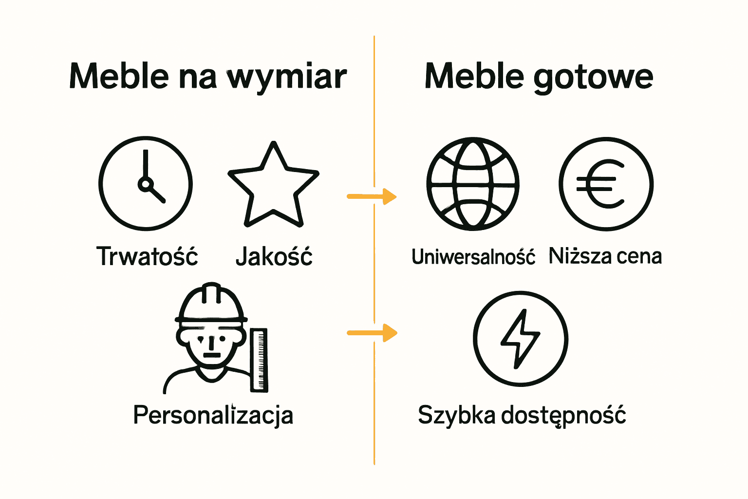 Porównanie ikon mebli na wymiar i gotowych