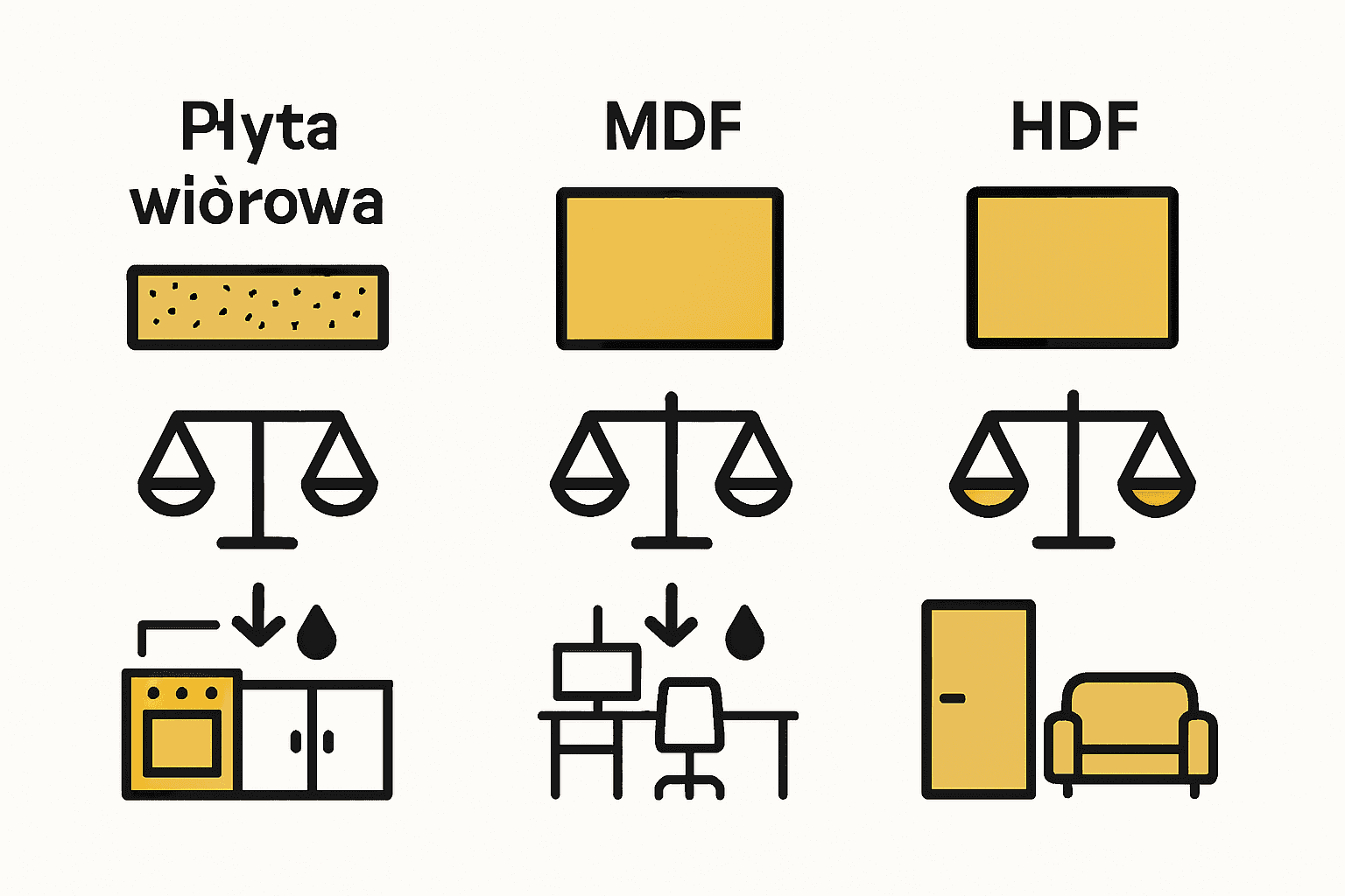 Porównanie trzech rodzajów płyt meblowych na infografice: wiórowa, MDF, HDF.