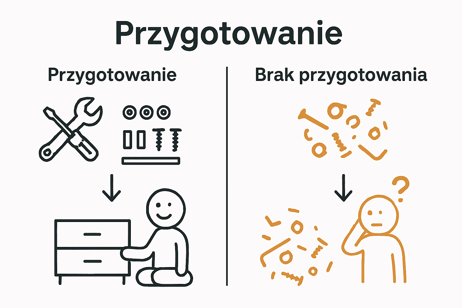 Porównanie: zorganizowany montaż mebli kontra chaotyczny montaż
