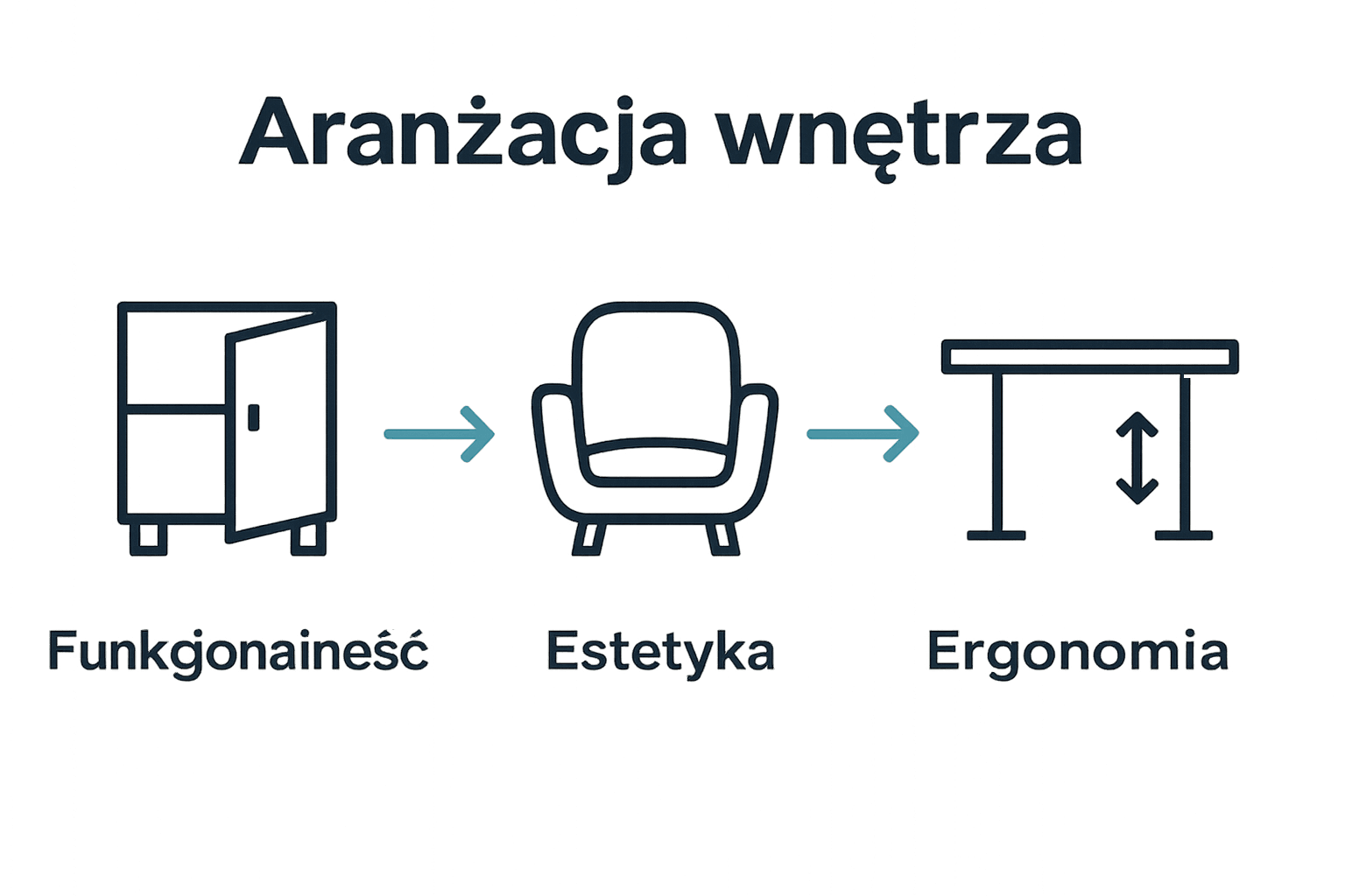 Infografika przedstawia funkcjonalność, estetykę i ergonomię mebli w aranżacji.