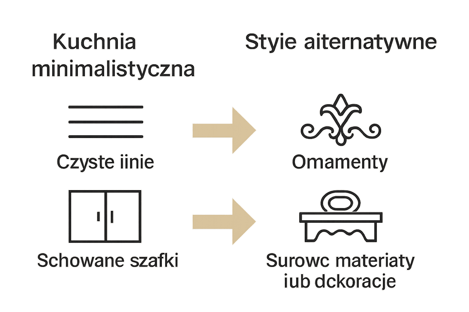Infografika porównująca kuchnię minimalistyczną i inne style