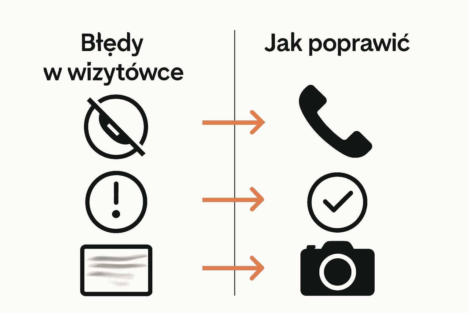 Infografika przedstawiająca błędy wizytówki i sposoby poprawy