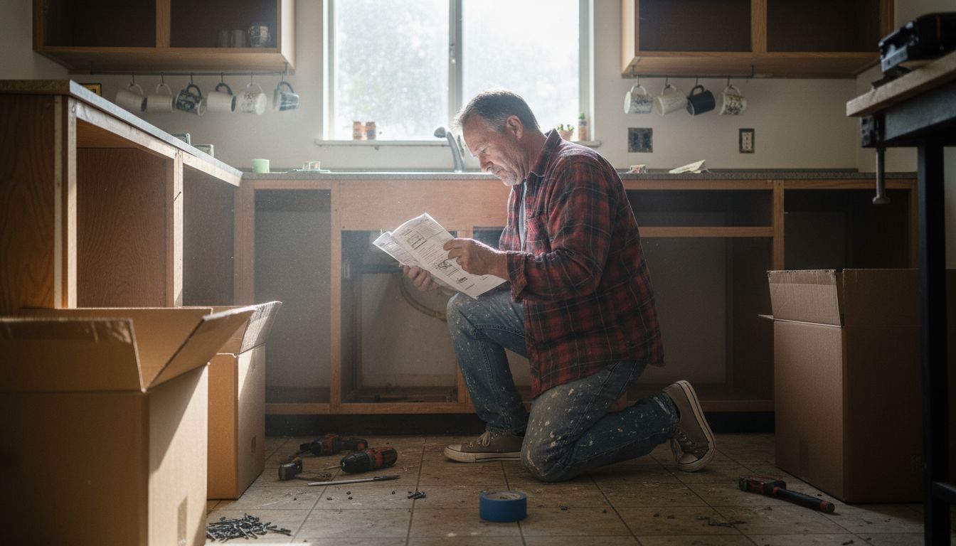 Man assembling kitchen cabinets during remodel
