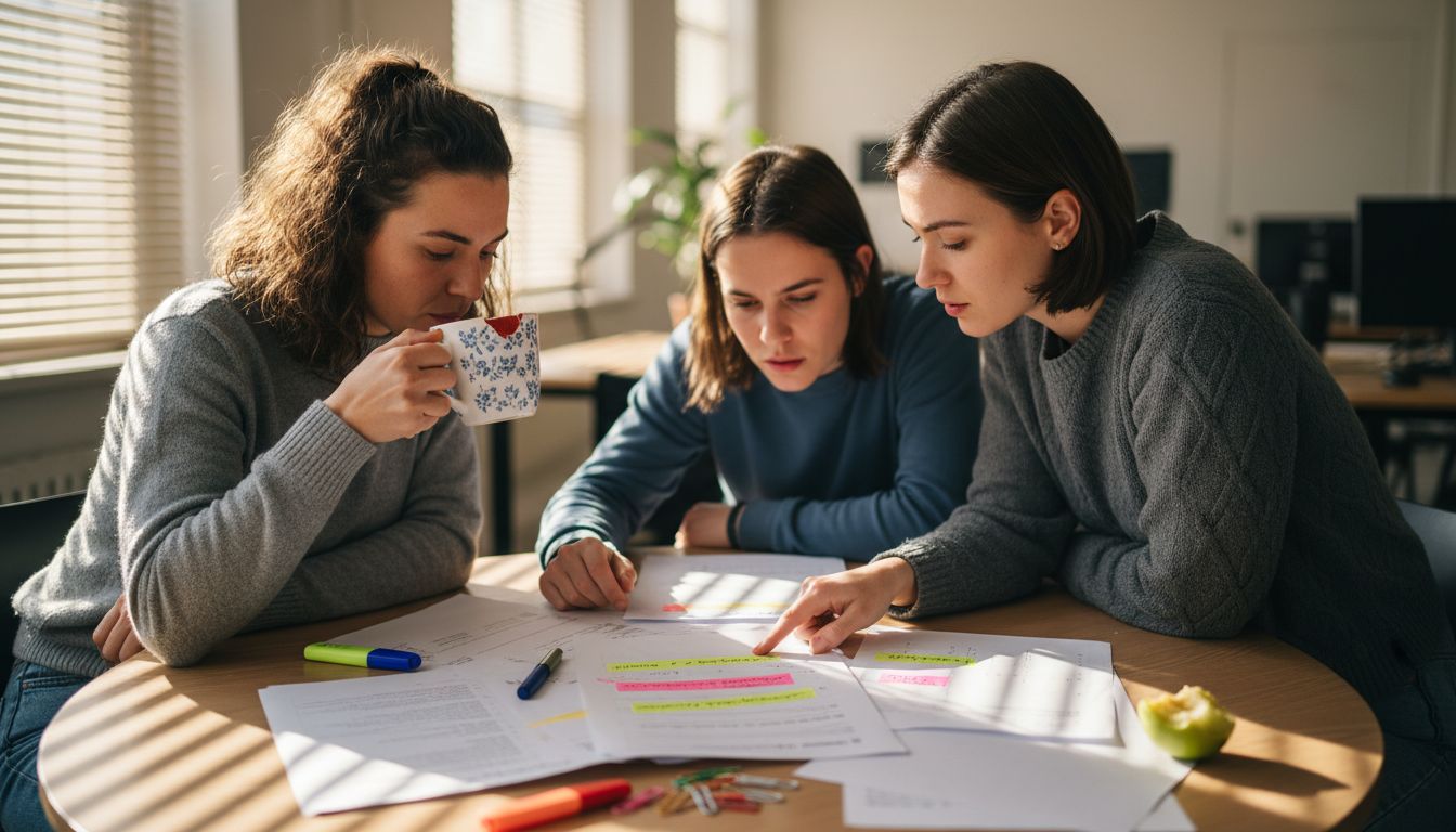 Marketing team discussing printed customer reviews