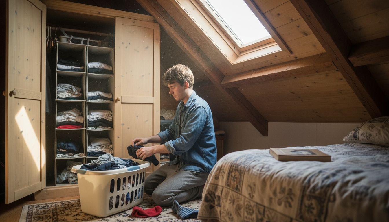 Man organizing built-in wardrobe in attic room