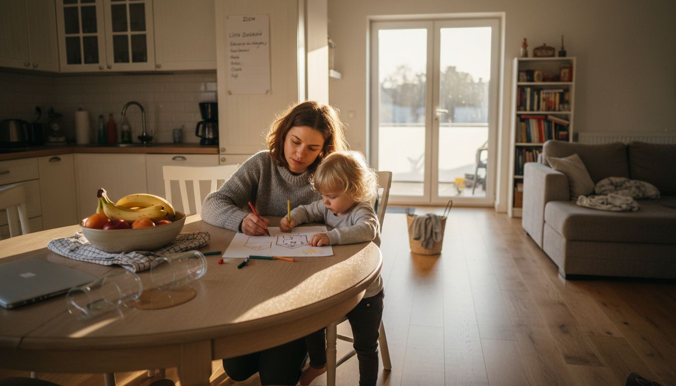 Dziecko rysuje przy stole w otwartej kuchni