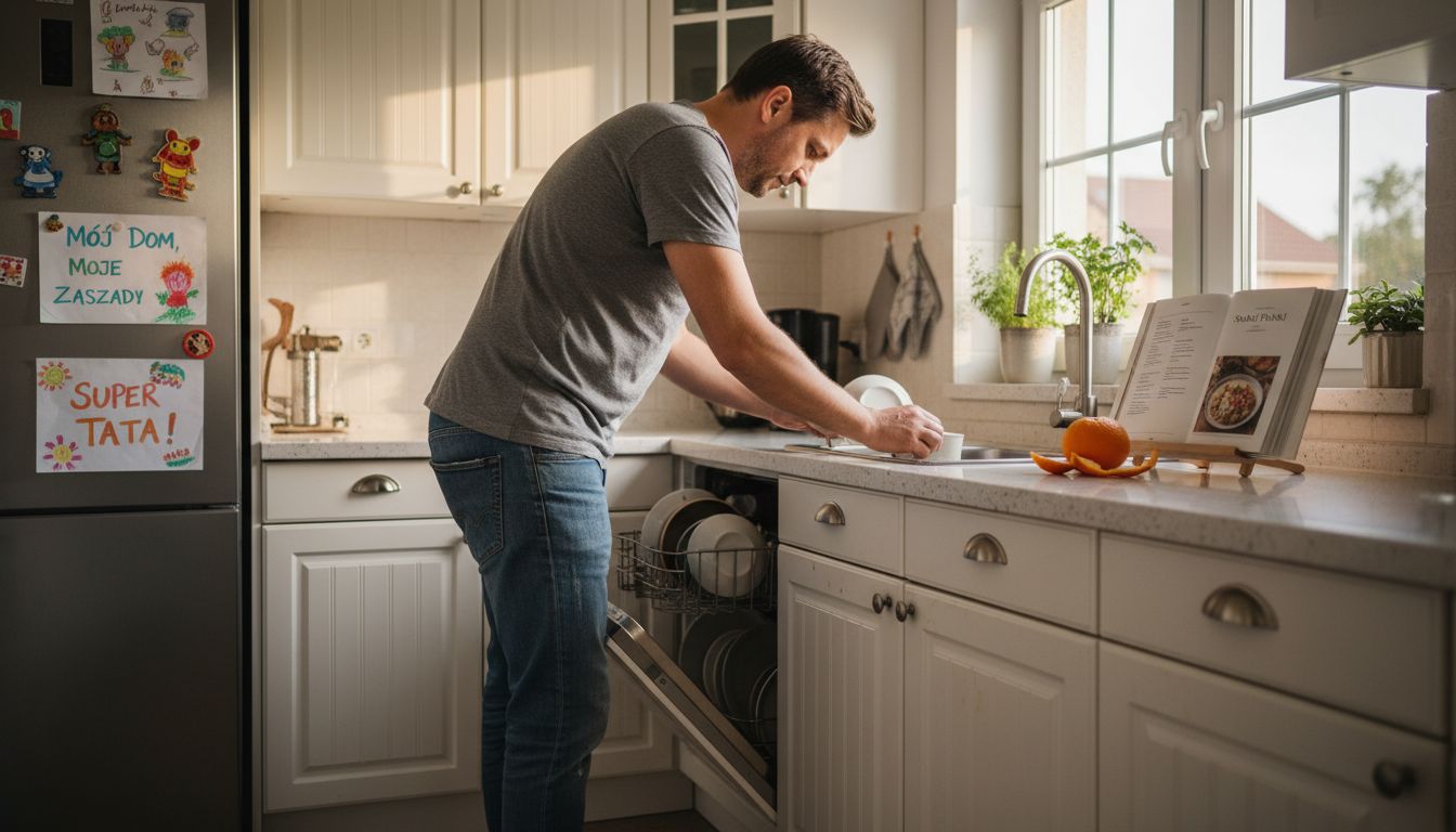 Mężczyzna korzysta z nowoczesnej kuchni we własnym domu.