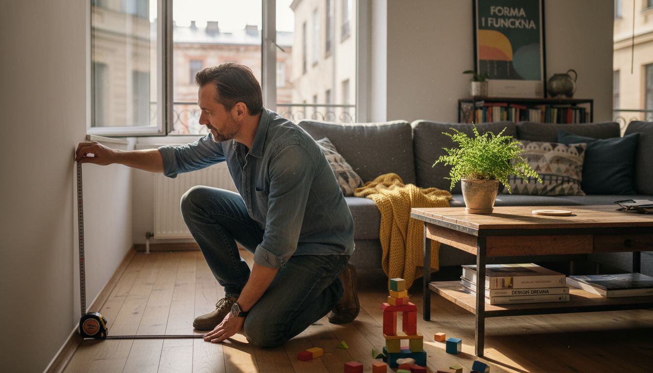 Projektant wnętrz dokonuje pomiarów salonu pod zamówienie mebli na wymiar.