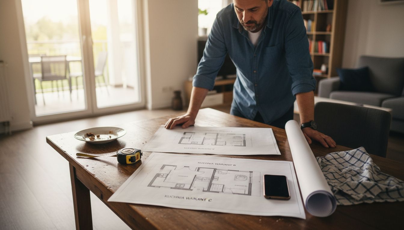 Mężczyzna dokładnie przygląda się wydrukowanym projektom kuchni, analizując każdy szczegół rozkładu.