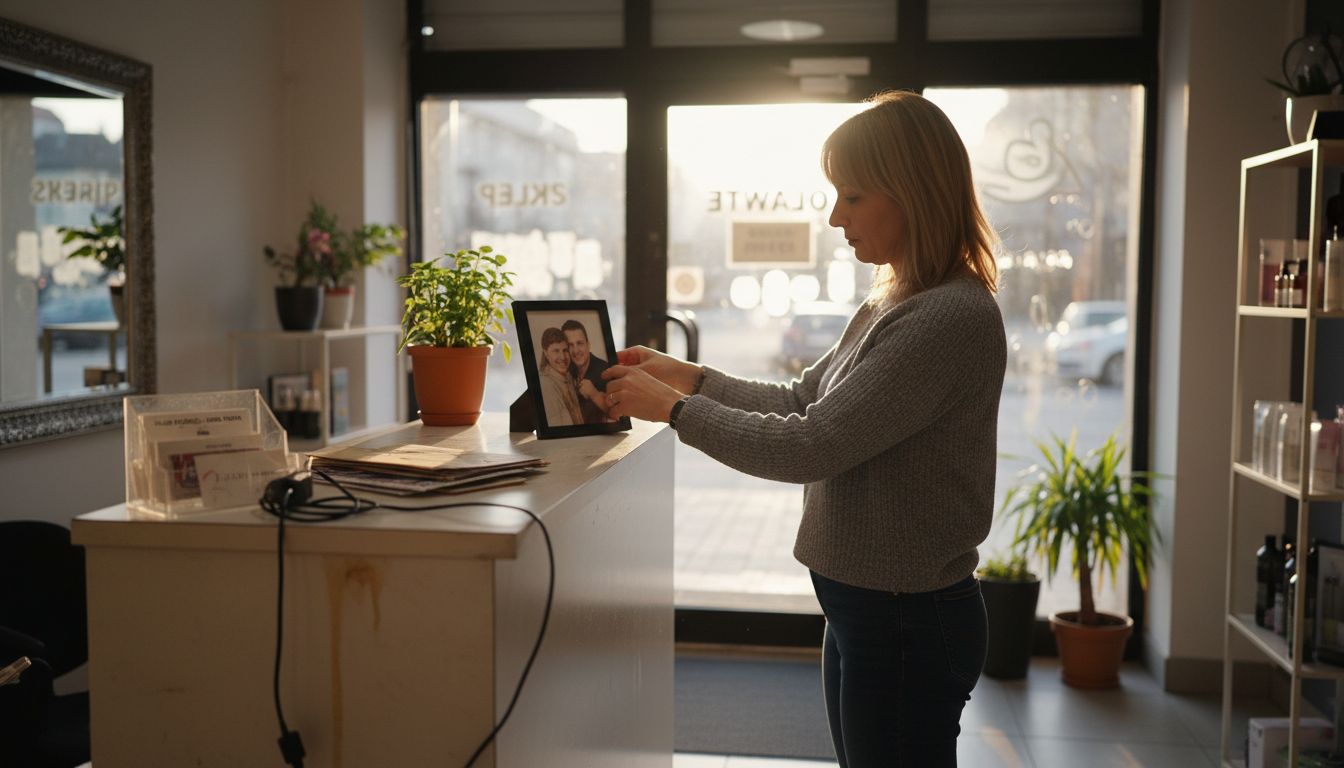 Recepcjonistka układa firmowe zdjęcia na wystawie przy wejściu do sklepu.