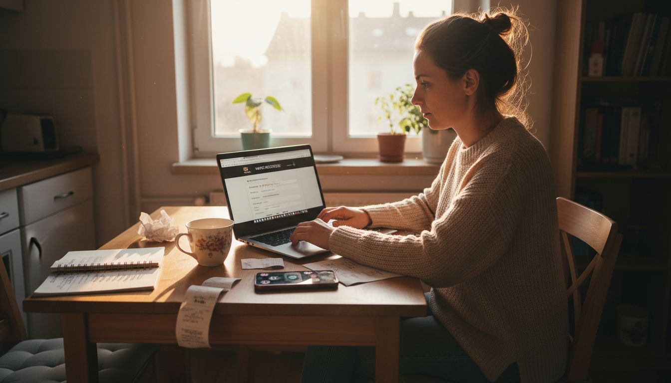 Klient wystawia opinię w internecie, siedząc przy kuchennym stole.