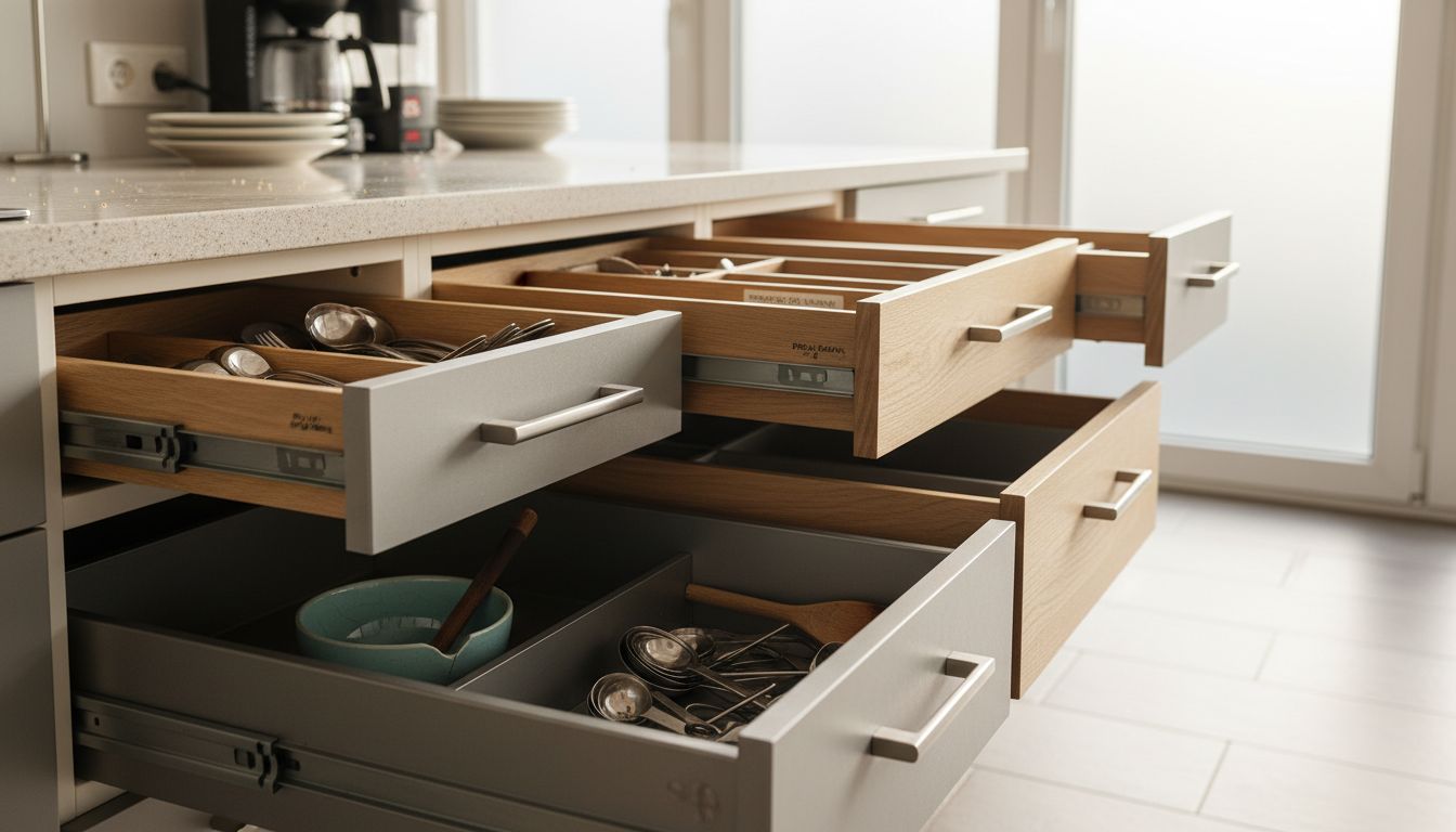 Zbliżenie na otwarte szuflady w kuchni, ukazujące ich różnorodną zawartość.
