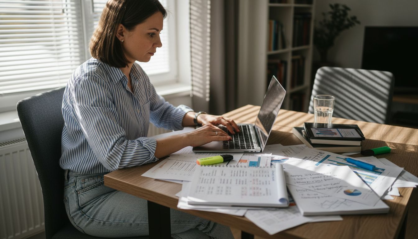Kobieta siedzi przy stole w jadalni i analizuje frazy kluczowe do pozycjonowania stron.