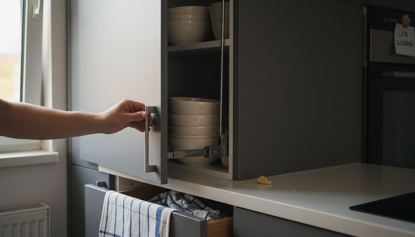 Dłonie korzystające z nowoczesnego systemu otwierania szafek kuchennych