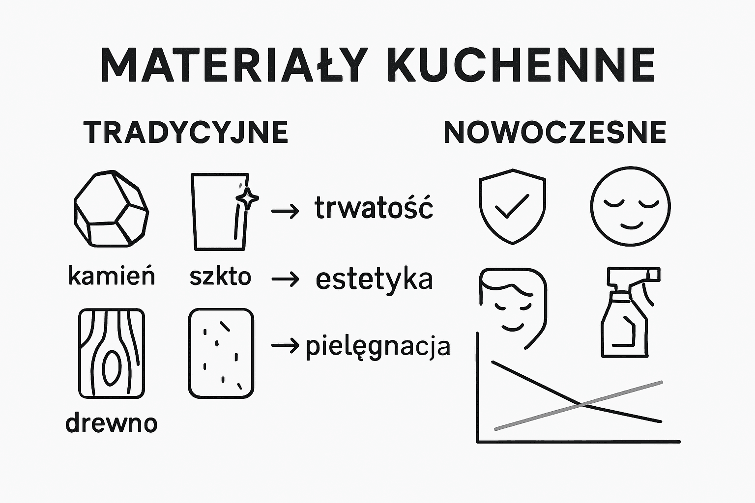 Infografika przedstawiająca porównanie właściwości różnych materiałów wykorzystywanych w kuchni
