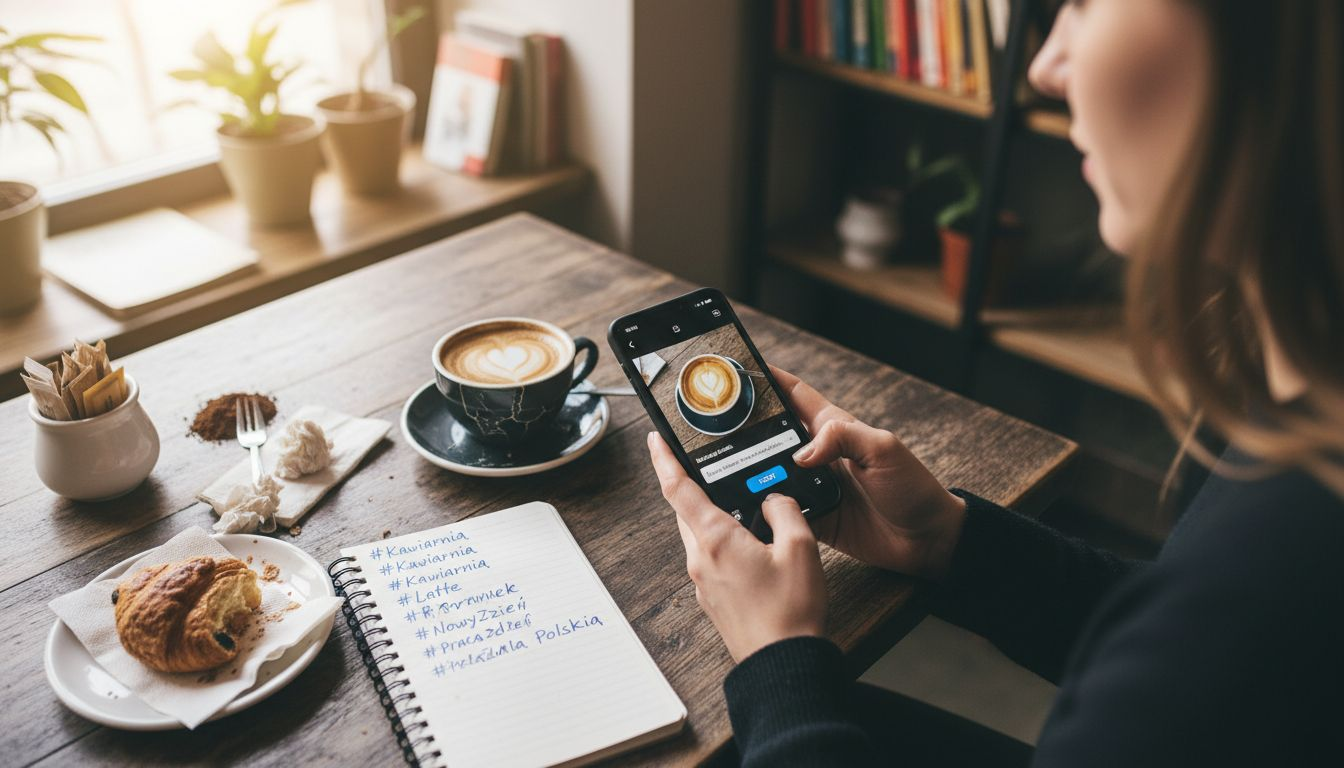 Kobieta siedzi przy stoliku w kawiarni i przegląda telefon, wrzucając coś na swoje social media.