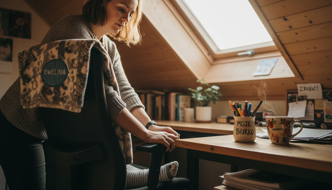 Kobieta ustawia sobie wygodnie fotel biurowy, dopasowując go do własnych potrzeb.