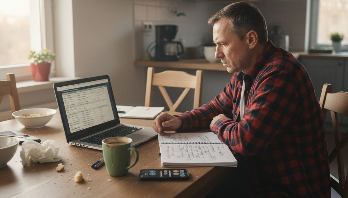 Właściciel firmy analizuje w domu propozycje słów kluczowych, szukając najlepszych pomysłów na rozwój swojego biznesu.