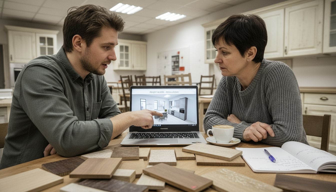 Projektant wspólnie z klientem omawia szczegóły nowej aranżacji kuchni.