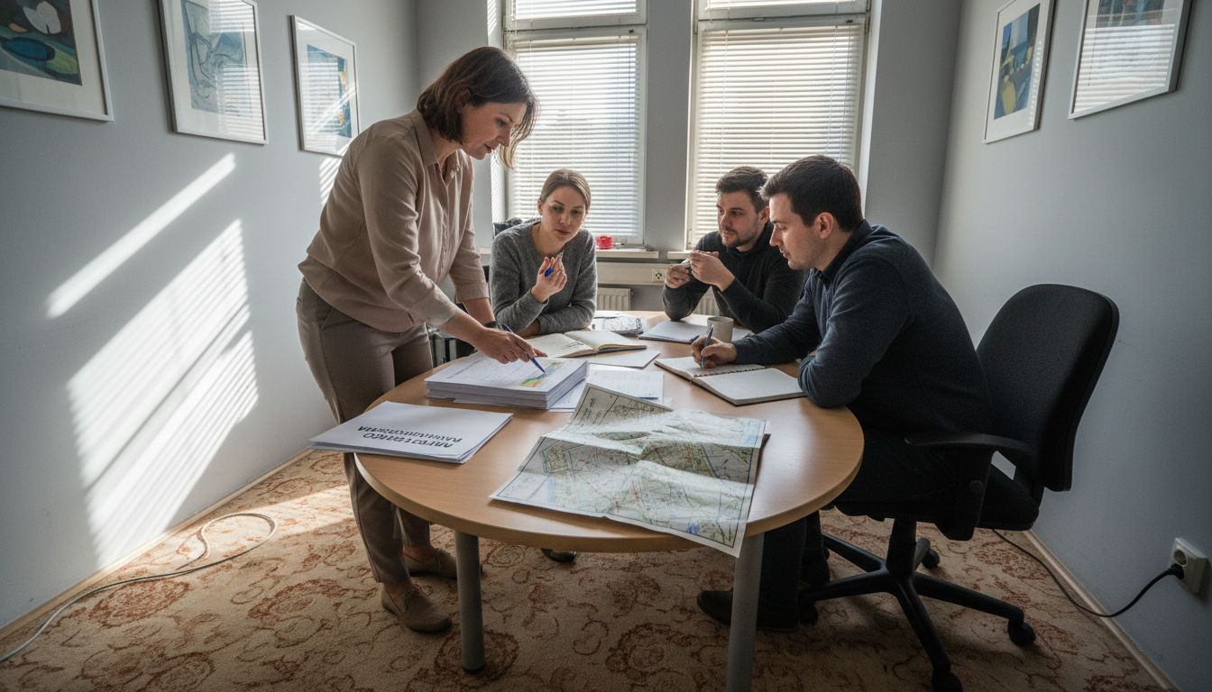 Zespół zebrał się przy stole, żeby wspólnie omówić strategię pozycjonowania lokalnego w wyszukiwarce.