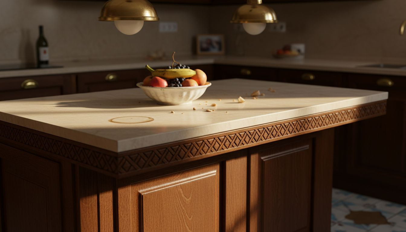 Klasyczne akcenty w kuchni – drewno w połączeniu z marmurem