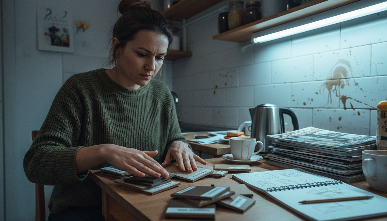 Projektant przegląda próbki materiałów do mebli, wybierając te najlepiej pasujące do nowej kolekcji.