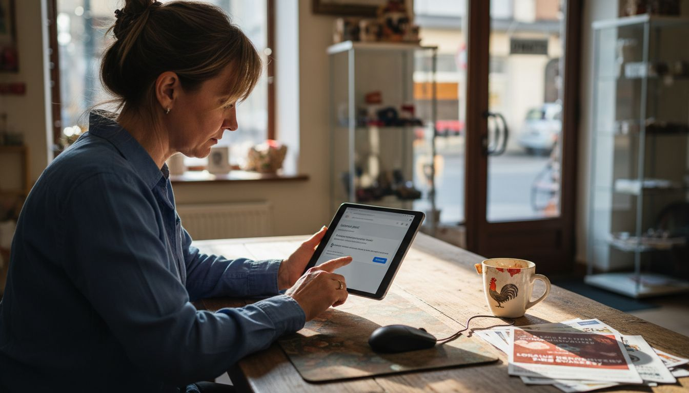 Właściciel firmy publikuje posty w internecie, siedząc w biurze swojego sklepu.