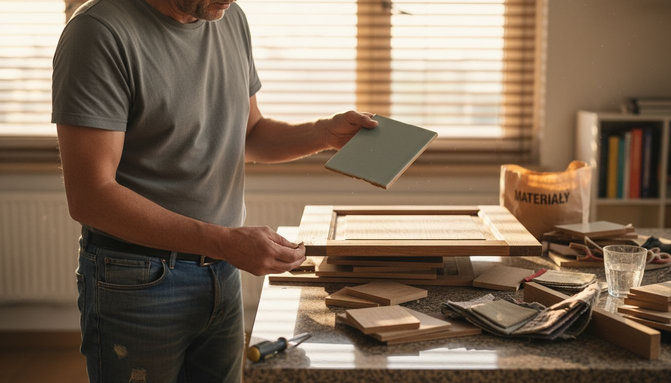 Właściciel mieszkania porównuje próbki materiałów do kuchni, zastanawiając się, który z nich najlepiej sprawdzi się w jego wnętrzu.