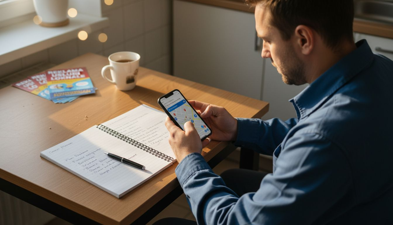 Mężczyzna sprawdza na smartfonie, jak jego firma wypada w lokalnych wynikach wyszukiwania.