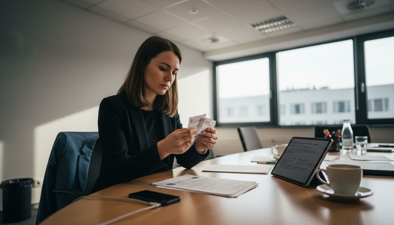 Kobieta uważnie przegląda wizytówki, zwracając uwagę na każdy szczegół.