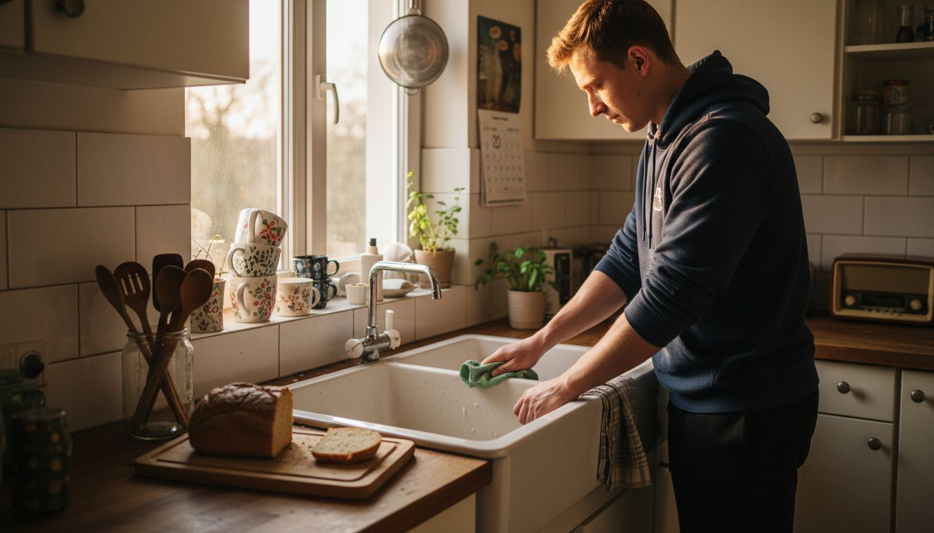 Mężczyzna dokładnie czyści blat kuchenny, który widać, że był intensywnie używany.