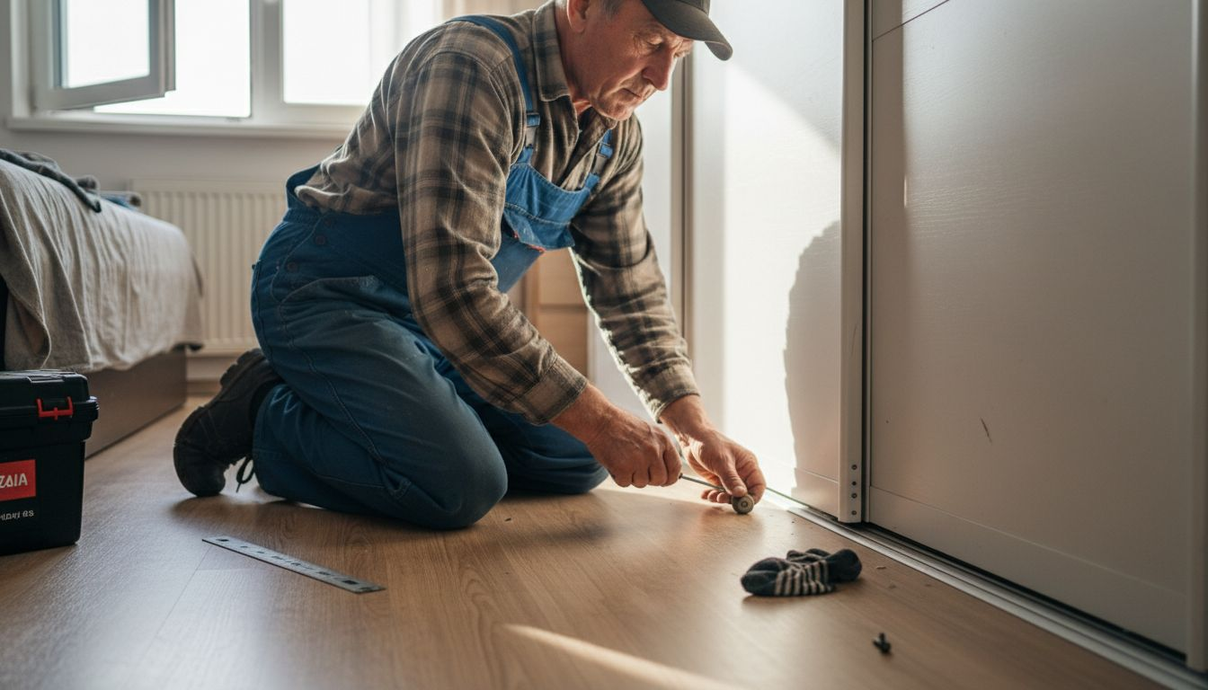 Fachowiec sprawdza mechanizm prowadnicy drzwi przesuwnych