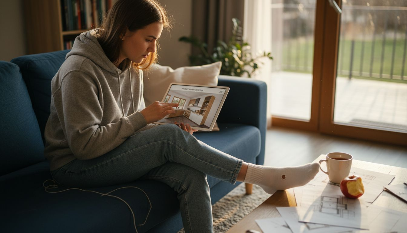 Kobieta ogląda wizualizację mebli w 3D, siedząc wygodnie w swoim domu.