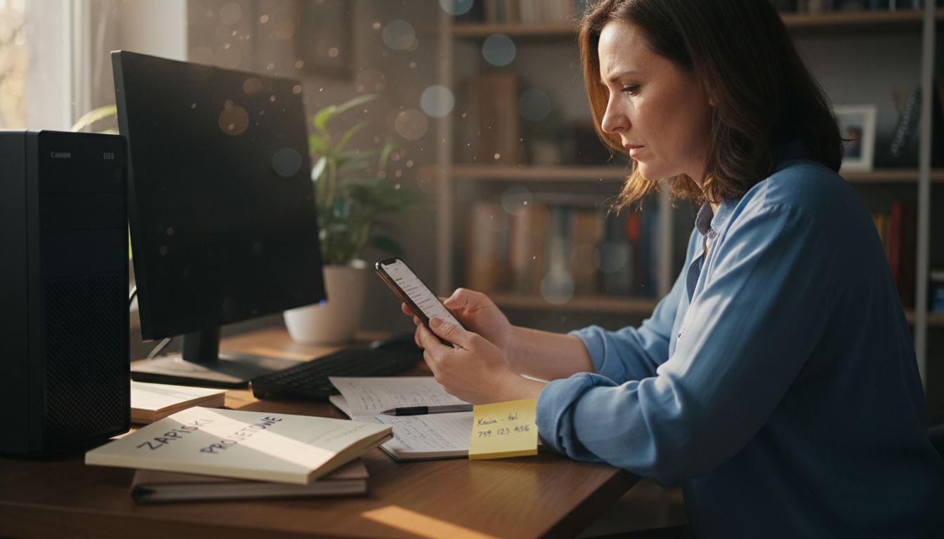 Kobieta weryfikuje dane kontaktowe firmy