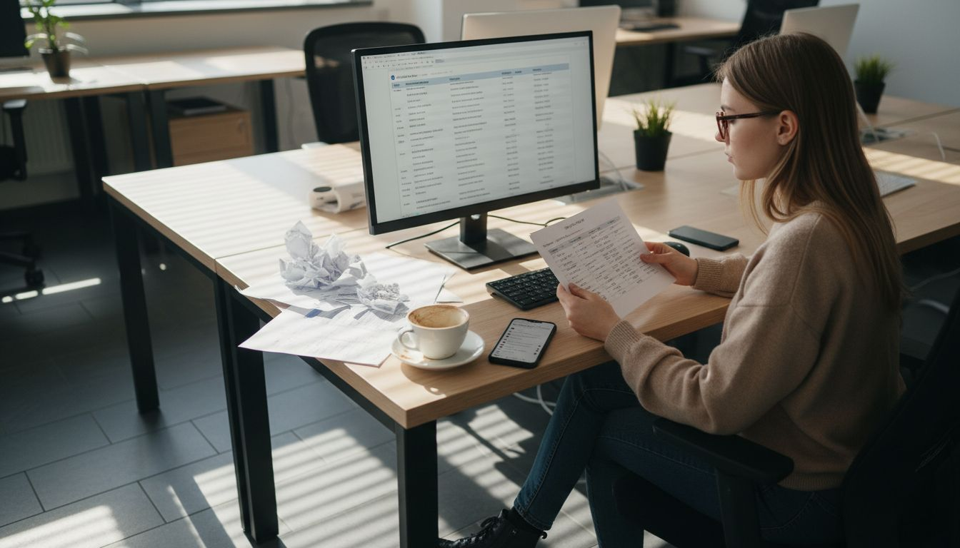 W biurze młoda kobieta skupia się na analizie słów kluczowych, przyglądając się wynikom na ekranie komputera.