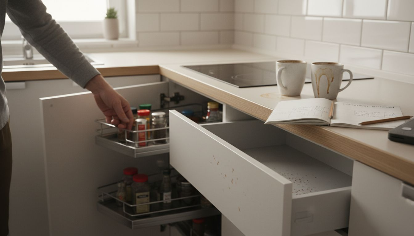 Praktyczny system wysuwania półek w narożnej szafce kuchennej