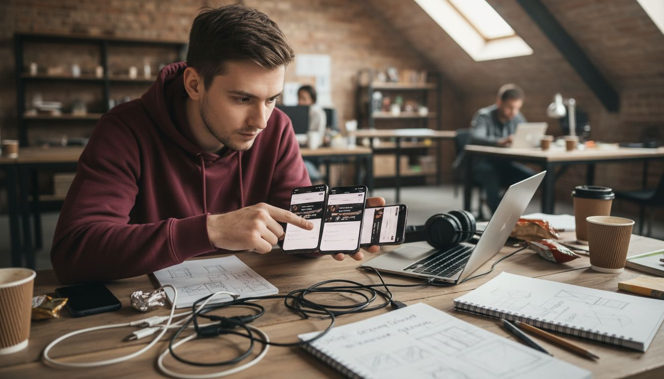Programista stron internetowych sprawdza działanie witryny na różnych smartfonach.