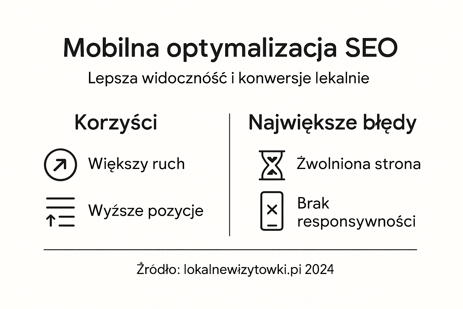 Infografika pokazująca, jak optymalizacja strony pod urządzenia mobilne wpływa na pozycjonowanie lokalne w Google.