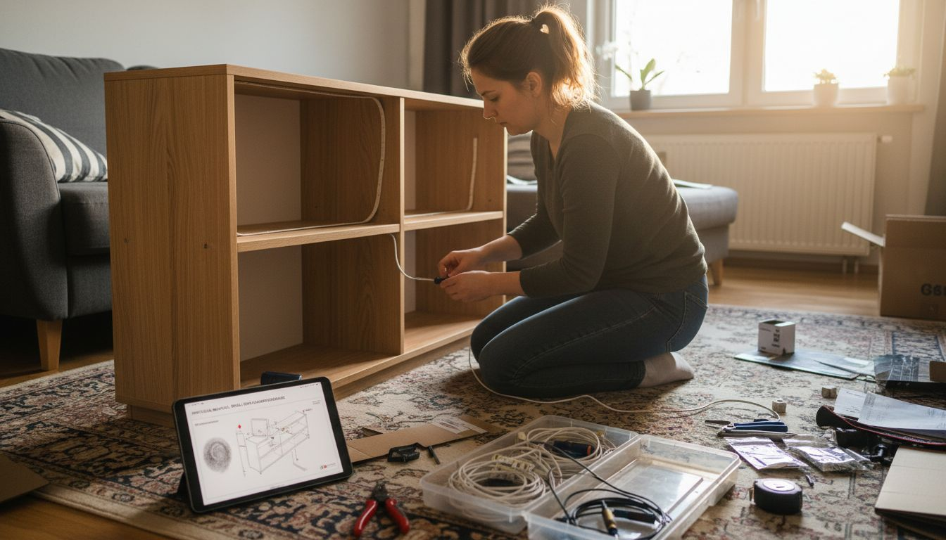 Kobieta montuje nowoczesną półkę wyposażoną w inteligentne rozwiązania.