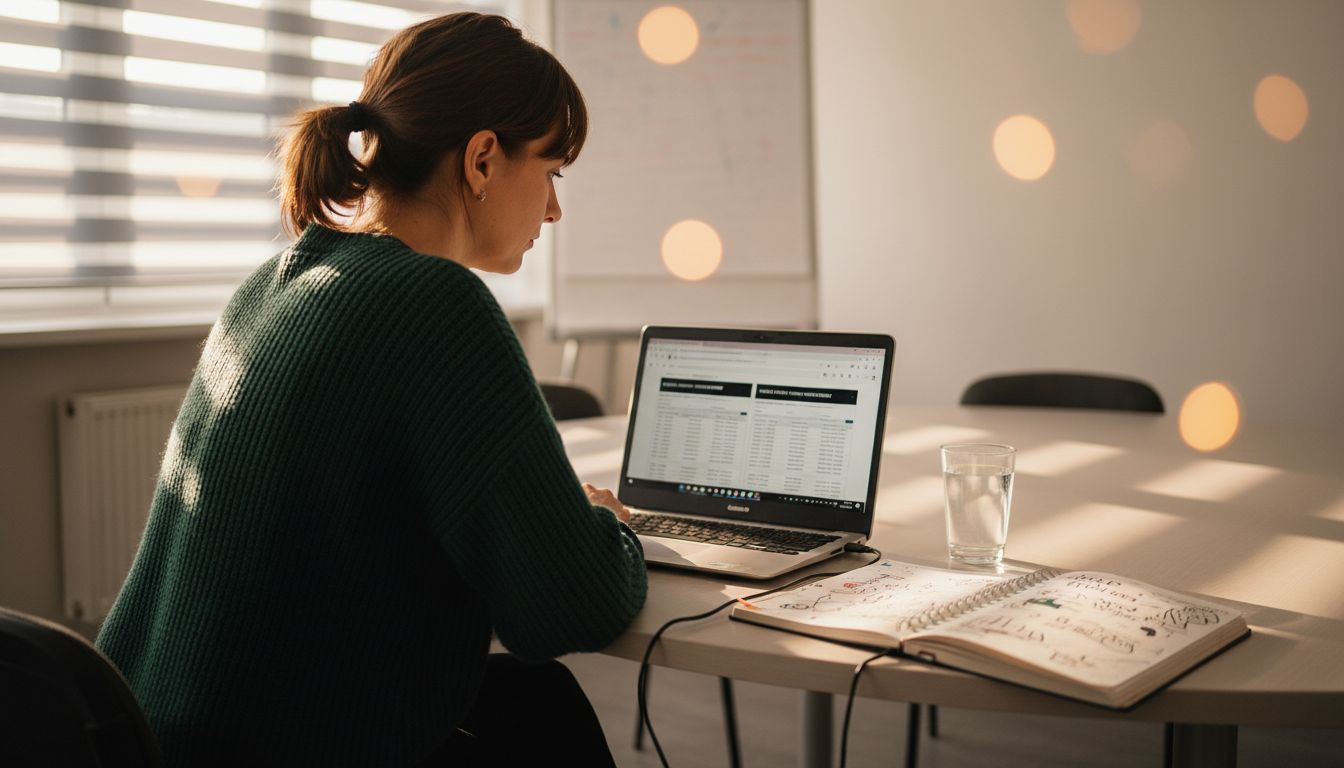 Kobieta analizuje wyniki audytu SEO, siedząc przy stole.