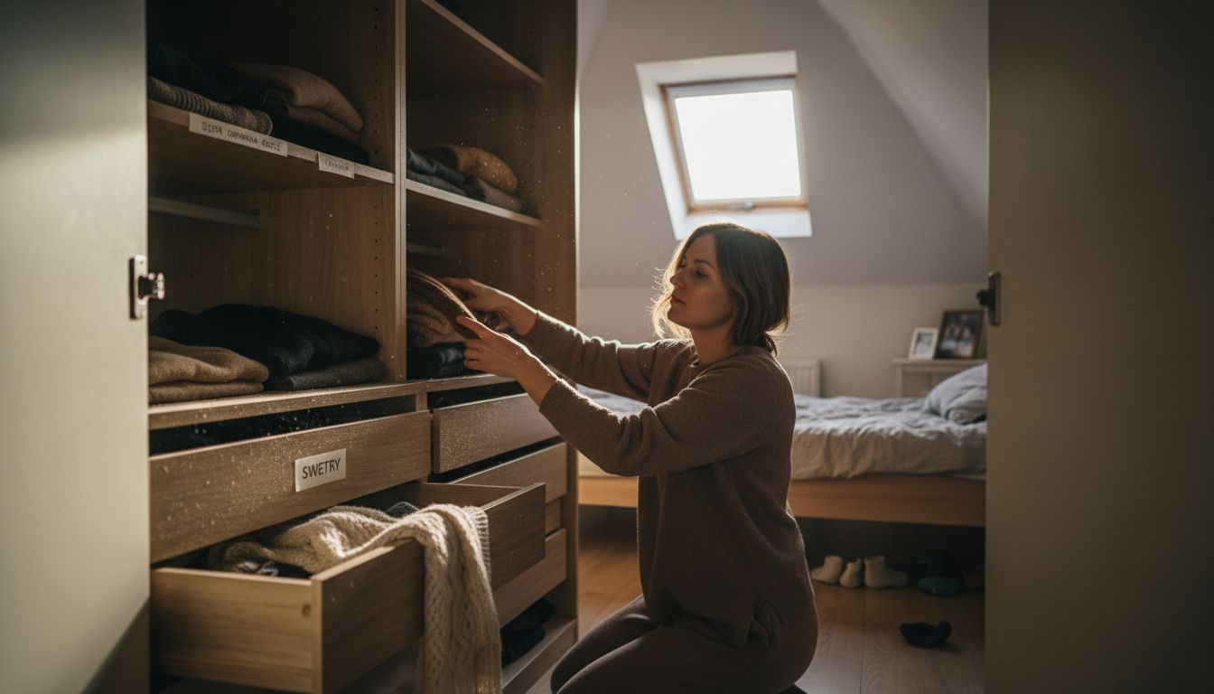 Kobieta porządkuje półki w zabudowanej szafie.