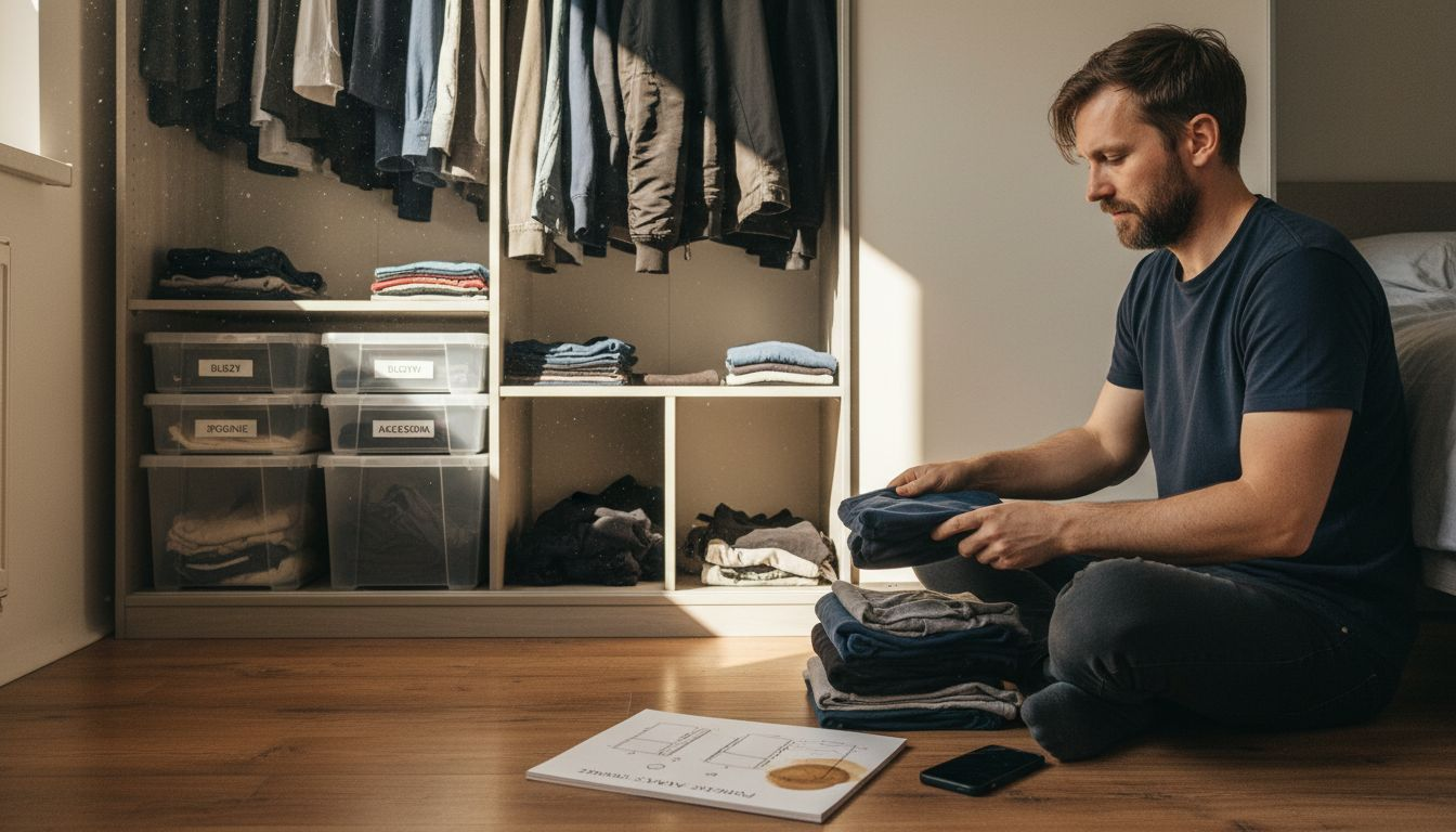 Mężczyzna układa ubrania w szafie na zamówienie.
