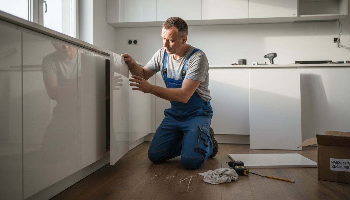 Montażysta dokładnie sprawdza fronty nowoczesnych szafek kuchennych.