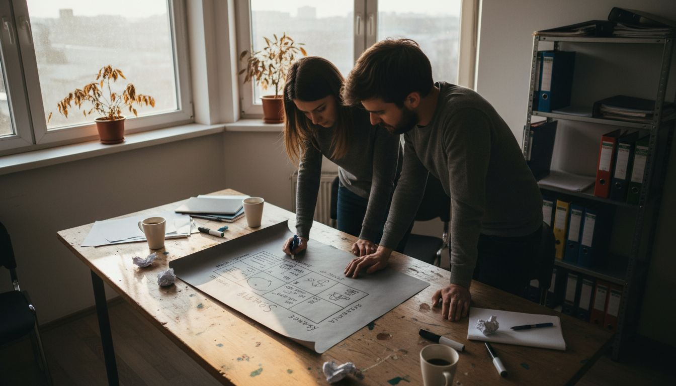 Dwaj pracownicy omawiają w biurze wyniki analizy SWOT.