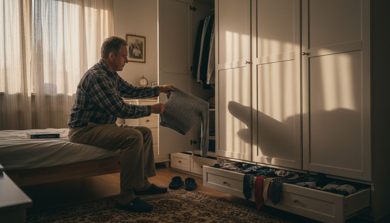 Mężczyzna sięga do szafy po ubrania.