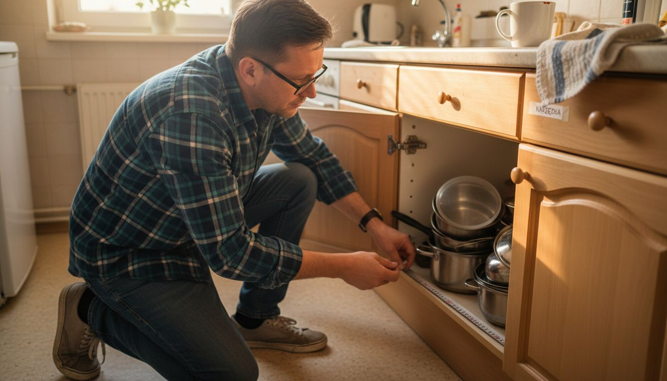Mężczyzna sprawdza wysokość szafek kuchennych, by upewnić się, że są wygodne w codziennym użytkowaniu.